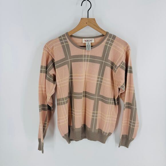 Vintage Talbots Plaid Crewneck Sweater Pink Taupe Wool Blend Size Medium - Picture 5 of 5